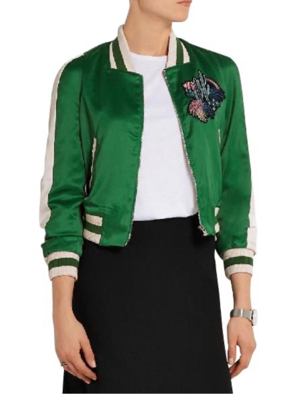 Maje Green Satin Bomber Jacket with Embroidered Cactus Motif